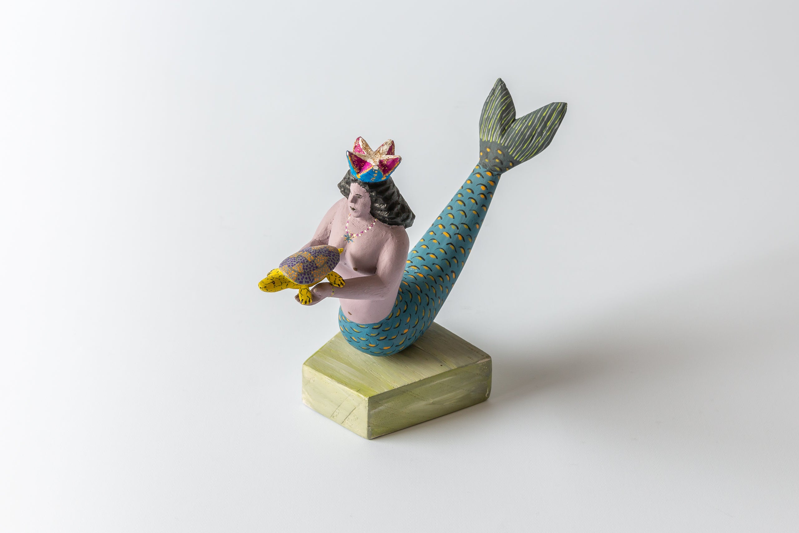 Gabino Reyes Lopez Mermaid with Tortoise, woodcarving painted